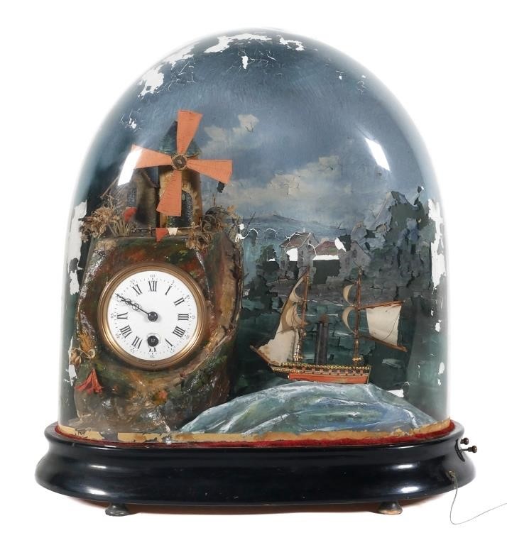 Appraisal: Antique animated seascape diorama with clock With a pull of