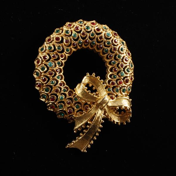 Appraisal: MYLU Gilt Wreath Brooch Pin with red green jewels Glue