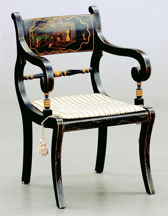 Appraisal: Regency style black lacquer and chinoiserie armchair Baker Historic Charleston