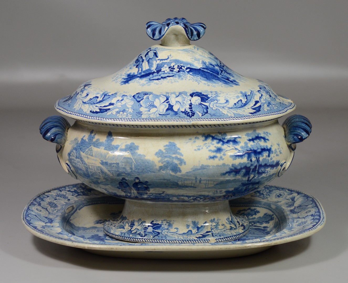 Appraisal: Staffordshire blue transfer tureen underplate Wild Rose pattern tray -