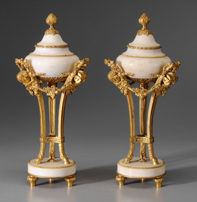 Appraisal: Pair Empire Marble Cassolettes probably French late th century lidded