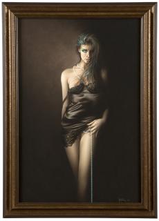 Appraisal: Michael Mobius ''Pearls'' semi-nude woman in black lingerie signed and