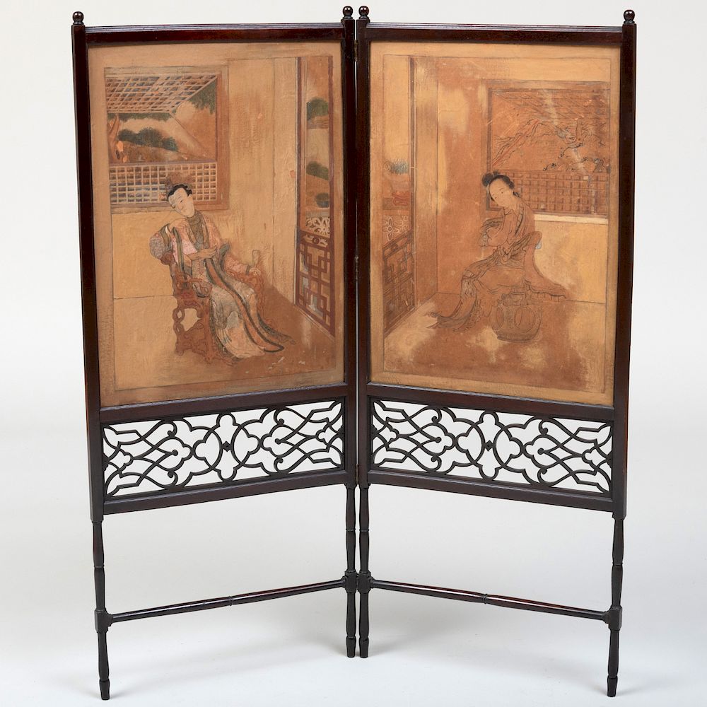 Appraisal: George II Style Mahogany and Chinese Painted Two Panel Screen