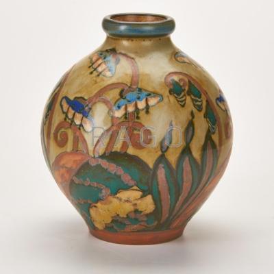 Appraisal: LOUIS LOURIOUX Bulbous vase with Art Deco floral motifs France