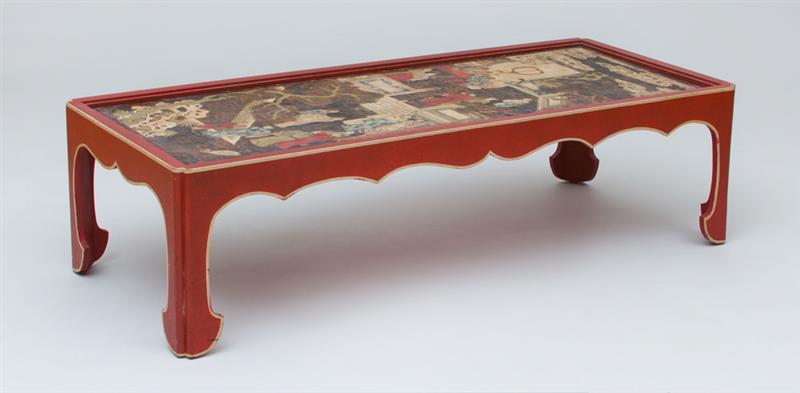 Appraisal: CHINESE COROMANDEL LACQUER PANEL INSET ON A LOW TABLE x