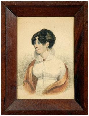 Appraisal: American miniature portrait woman with red shawl circa unsigned American