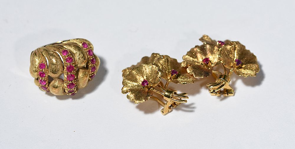 Appraisal: Pair Tiffany Co K yellow gold and ruby floral ear