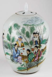 Appraisal: Chinese porcelain Quinlong covered jar w scenic panel- musicians dining