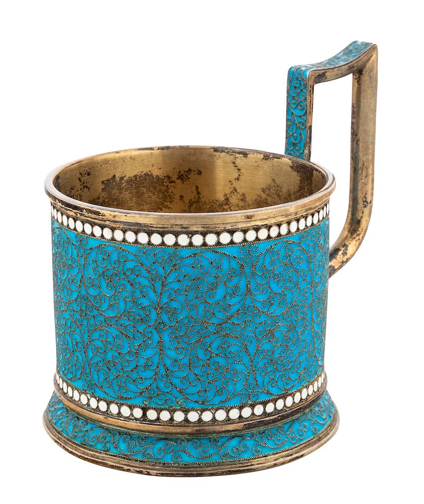 Appraisal: A RUSSIAN GILT SILVER AND CLOISONNE ENAMEL PODSTAKANNIK WORKMASTER GUSTAV