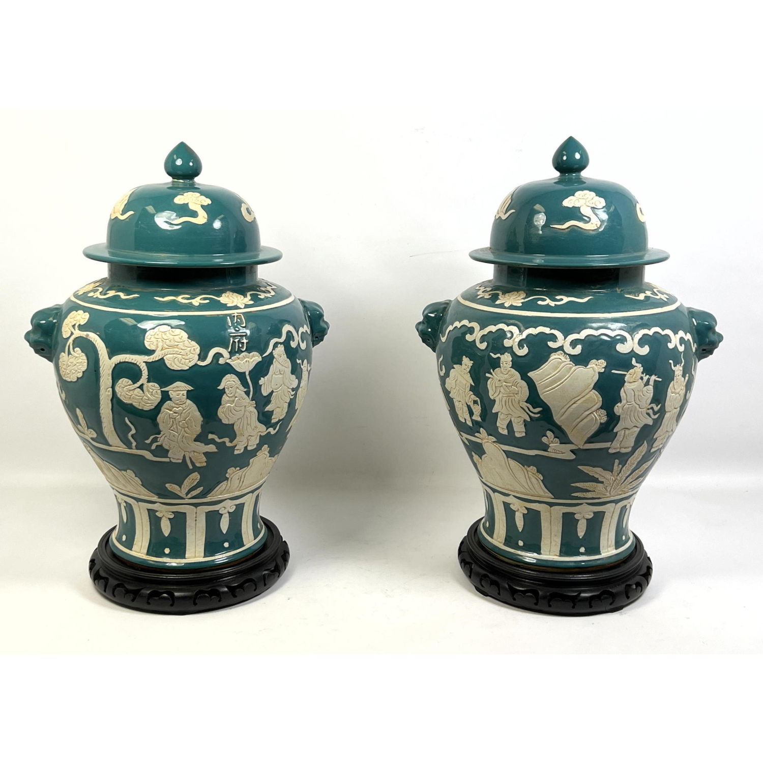 Appraisal: Pr Two Tone Glazed Asian Ginger Jars Ebonized wood bases