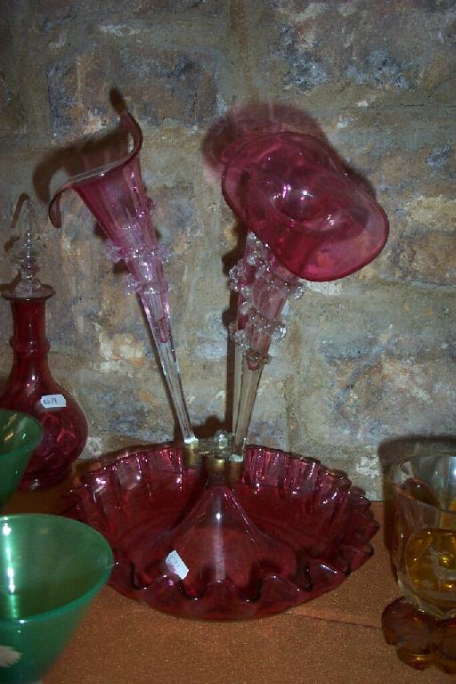 Appraisal: A th century cranberry glass -branch epergne with lily shaped