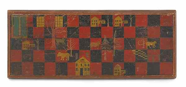 Appraisal: American painted pine gameboard ca decorated with houses trees and