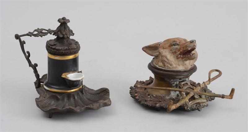 Appraisal: FRENCH PAINTED METAL AND BRASS FOX-HEAD INKWELL AND ANOTHER INKSTAND