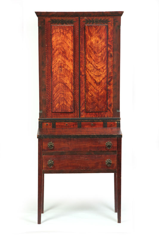 Appraisal: DECORATED DESK-AND-BOOKCASE New England - pine Two-piece the upper section