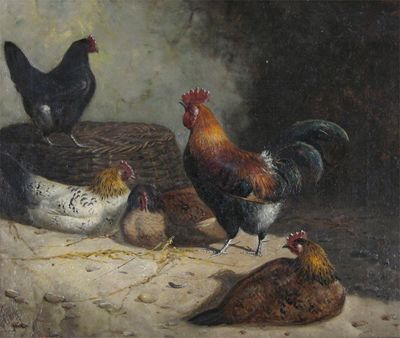 Appraisal: Oscar Clark th Century Chickens in a barn Signed Oil