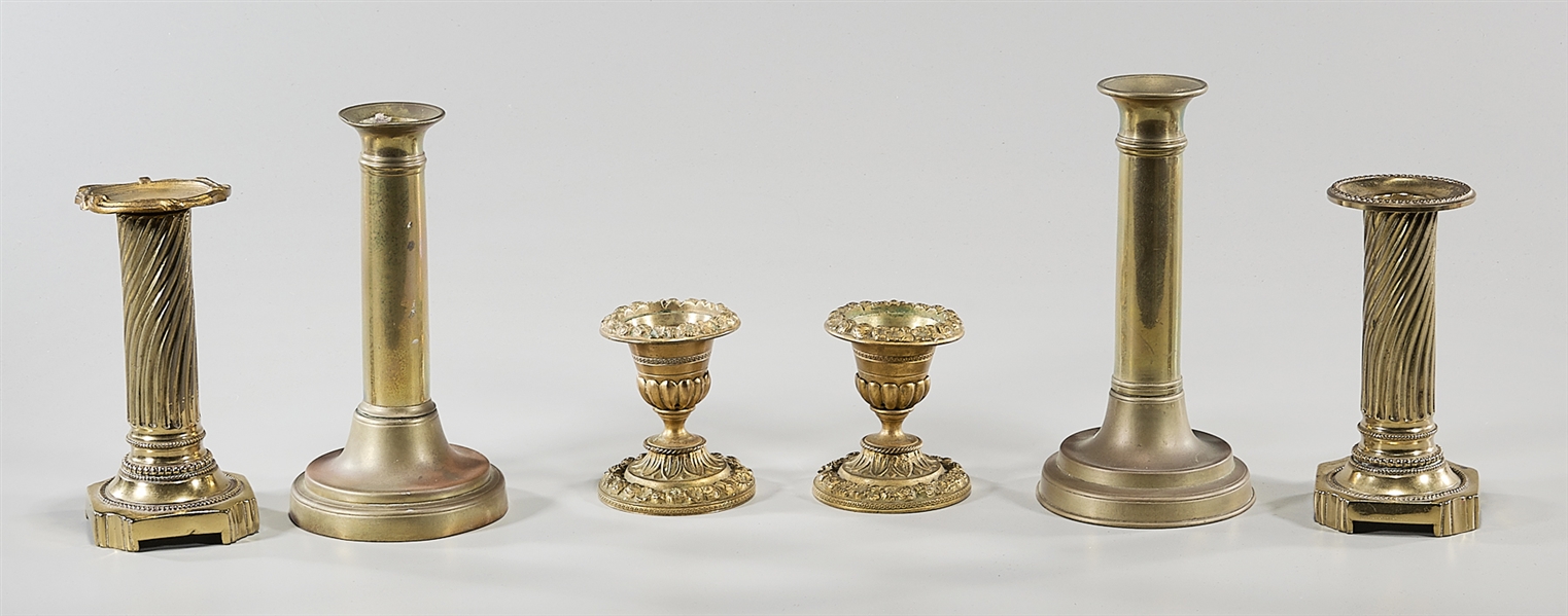 Appraisal: Three sets of brass candlesticks x tallest approx Condition wear