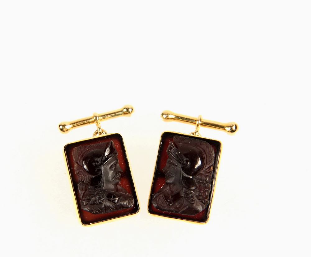 Appraisal: GENT'S CUFFLINKS - Rectangular Hardstone Cameo Custom Made Cufflinks with