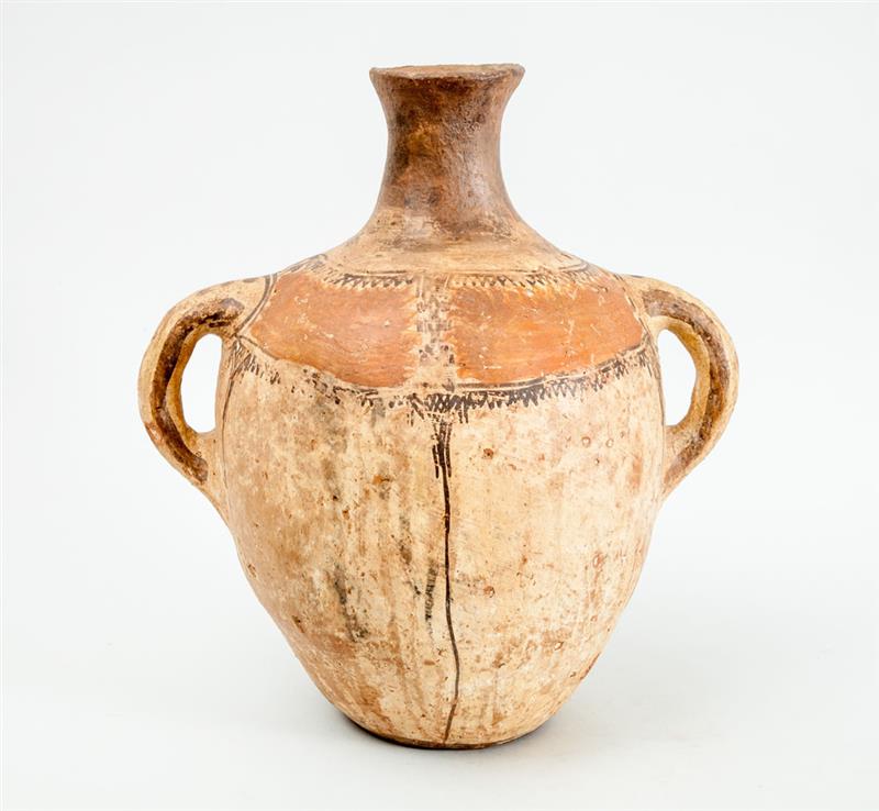 Appraisal: LATIN AMERICAN POTTERY OVOID TWO-HANDLED VESSEL Neck restored in Property