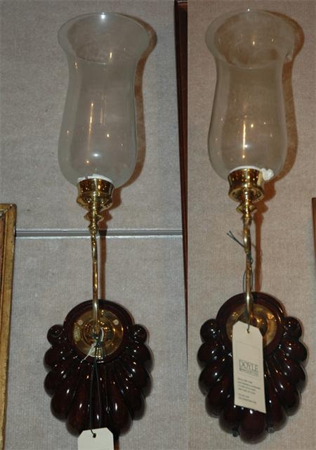 Appraisal: Pair of Single Light Wood Shell Back Sconces with Hurricane