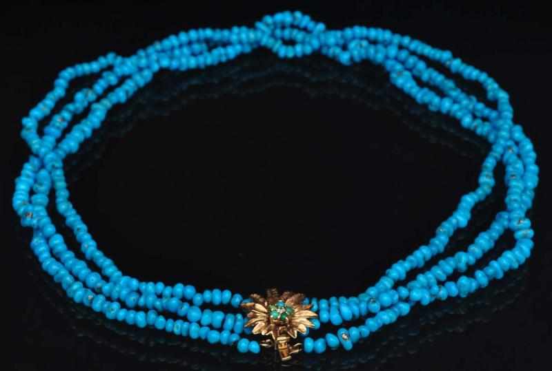 Appraisal: th Century K Y Gold Turquoise Necklace Three strands Condition