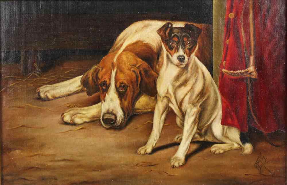 Appraisal: D M T S JACK RUSSELL AND HOUND Oil on