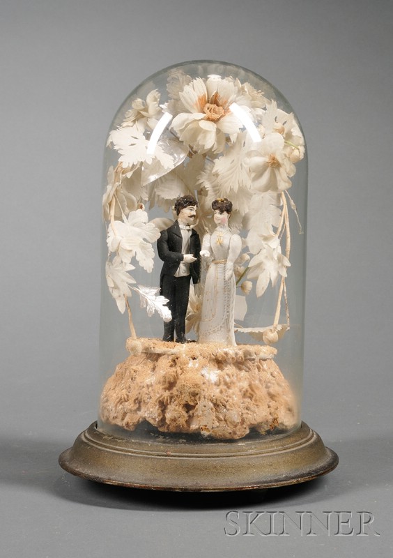 Appraisal: Wedding Cake Couple Under Glass Dome early th century standing