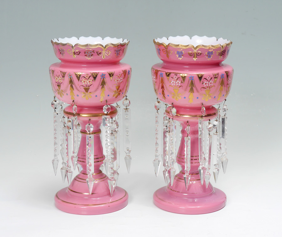 Appraisal: PAIR PINK GLASS LUSTERS LUSTRES Enamel decorated cased pink glass