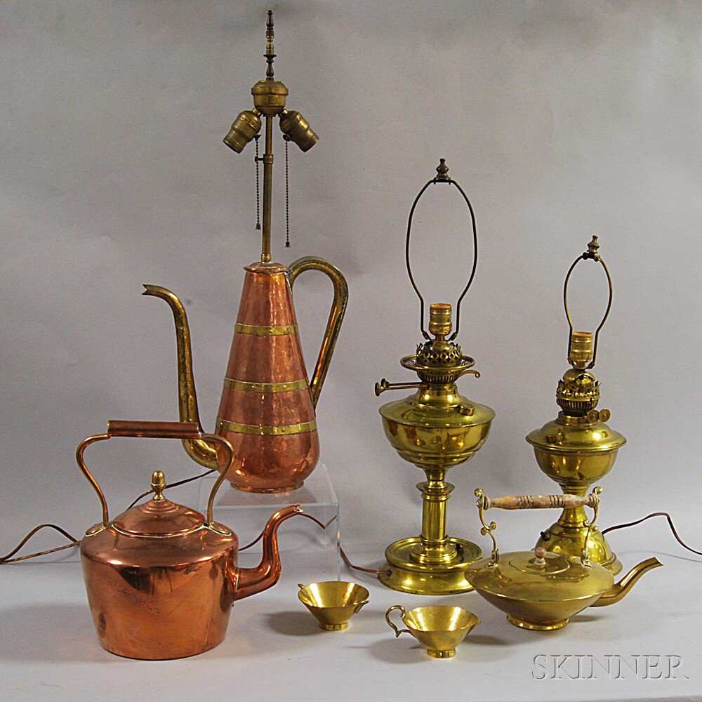 Appraisal: Seven Copper and Brass Items a copper tea kettle a