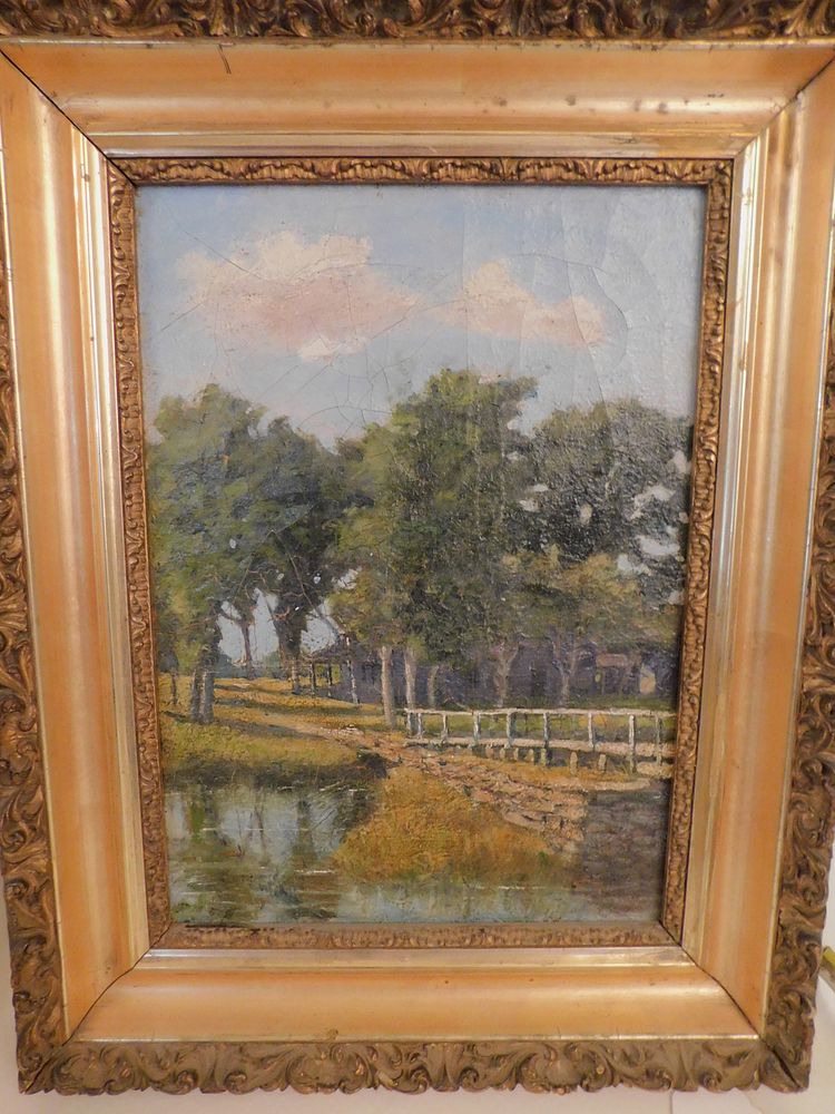 Appraisal: VICTORIAN PAINTING WITH BRIDGE FARM Victorian oil landscape painting of