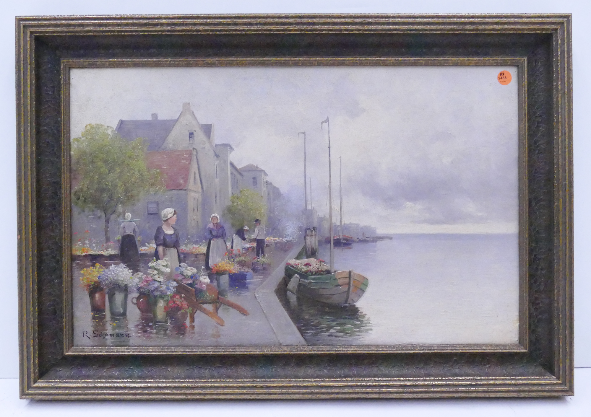 Appraisal: R Schamann Harbor Scene Painting Framed x ''