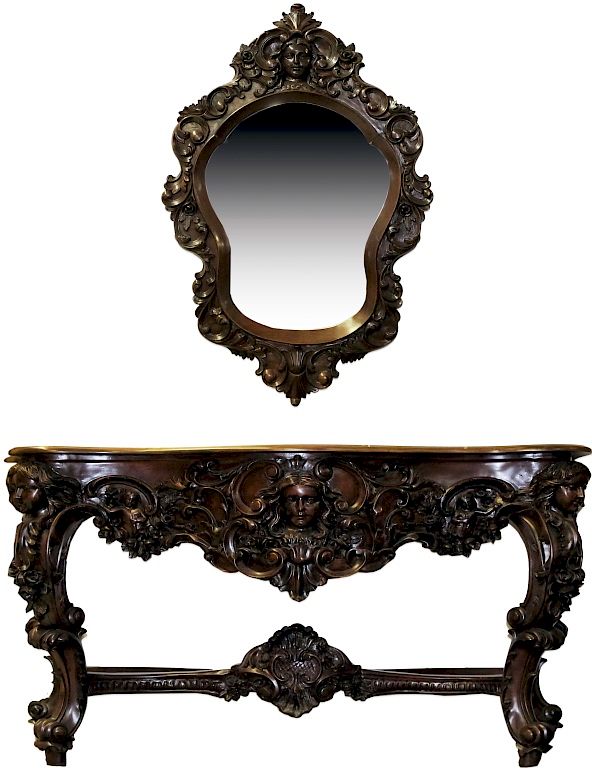 Appraisal: Victorian Style Mahogany Foyer Table Mirror Set Mahogany foyer console