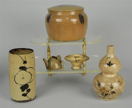 Appraisal: COLLECTION OF FIVE BROWN DECORATED WARES including double gourd vase