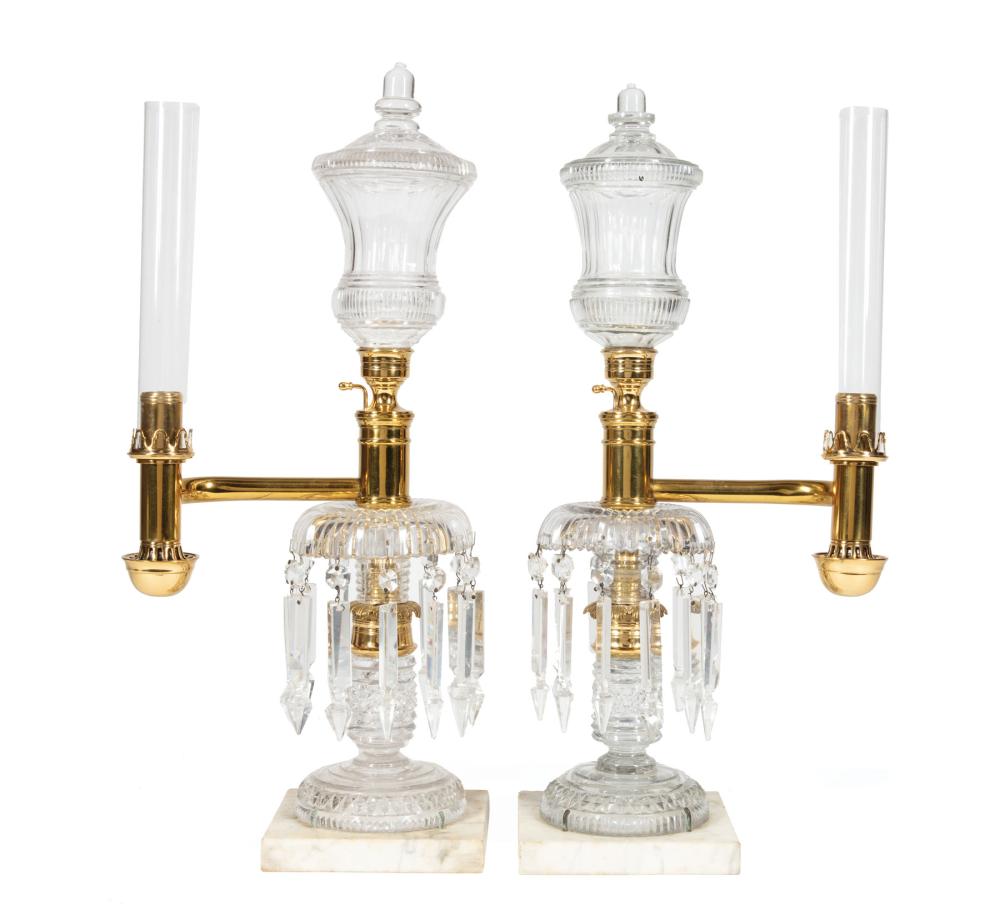 Appraisal: Pair of English Cut Crystal Argand Lamps mid- th c