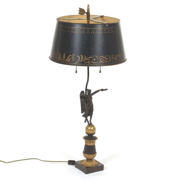 Appraisal: FRENCH EMPIRE GILT AND PATINATED BRONZE AND TOLE TABLE LAMP