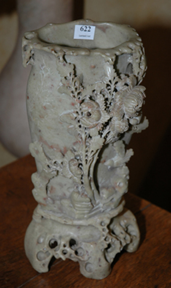 Appraisal: A CHINESE CARVED SOAP STONE VASE Of compressed cylindrical form