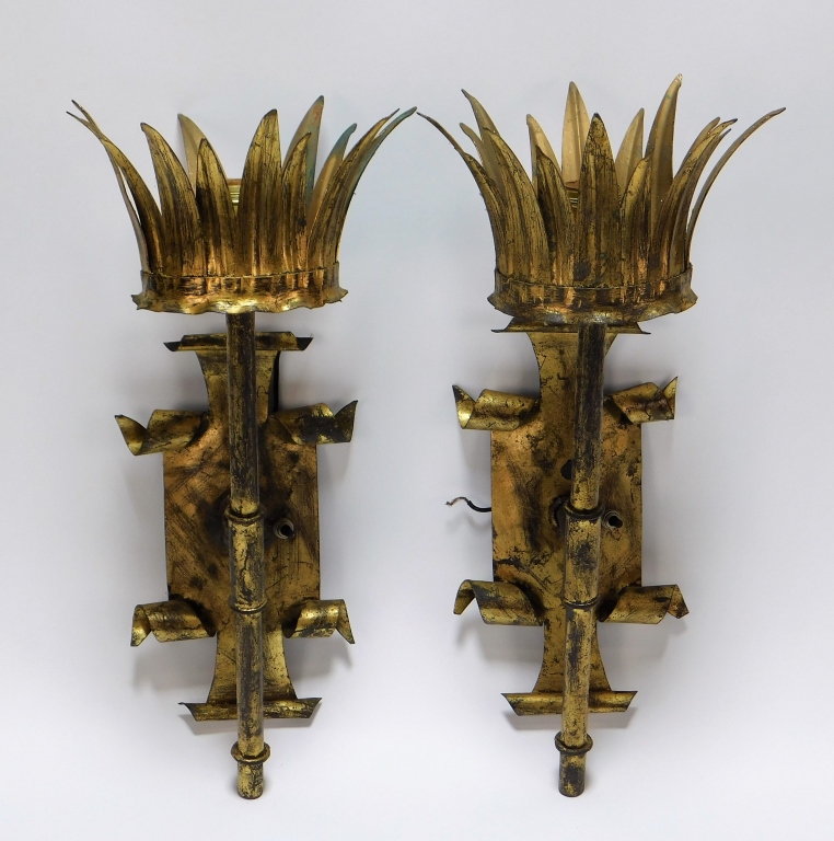 Appraisal: PR SPANISH GILT TOLEWARE TORCH WALL SCONCES Spain th CenturyMetal