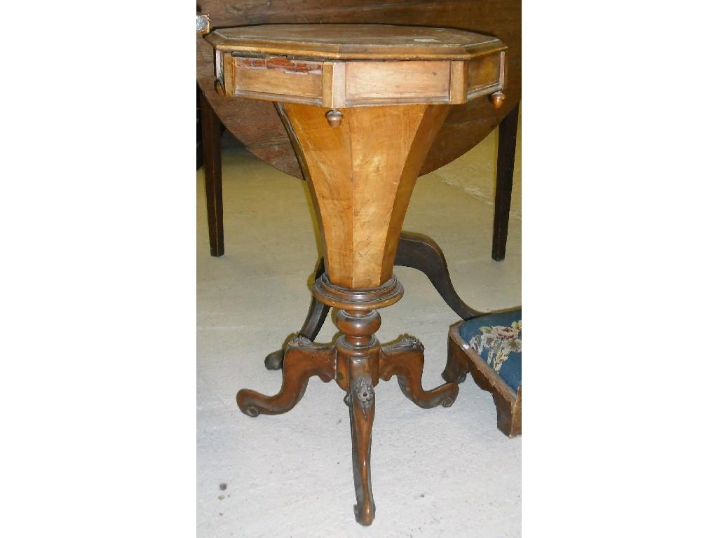 Appraisal: Victorian burr walnut veneered hexagonal trumpet work table high together