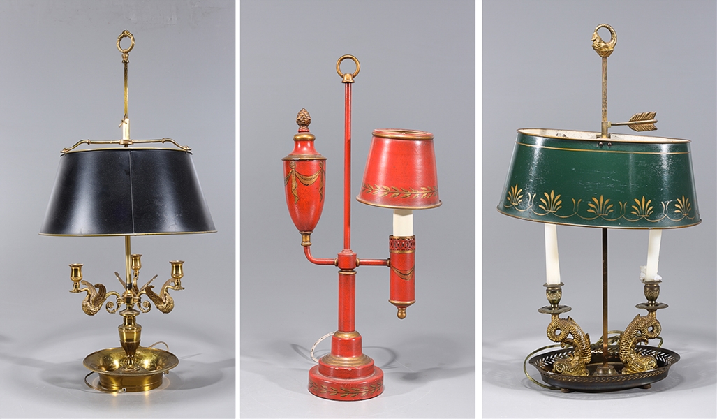 Appraisal: Group of three antique lamps including red lacquered lamp metal