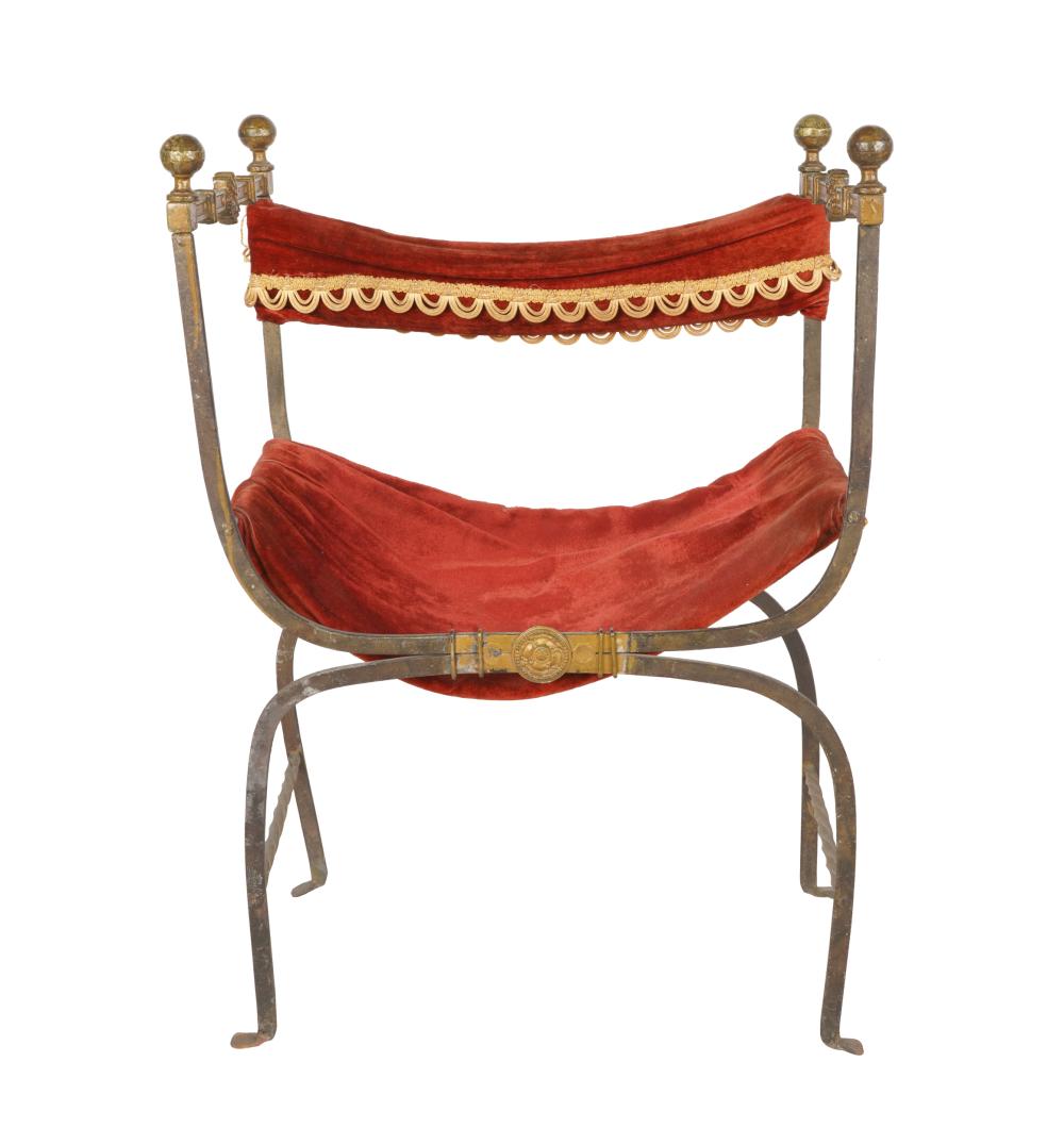 Appraisal: SPANISH REVIVAL-STYLE GILT METAL CHAIRred fabric seat and backrest inches