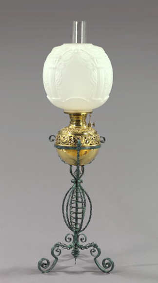 Appraisal: American Wrought-Iron Brass and Frosted Glass Kerosene Parlor Lamp fourth