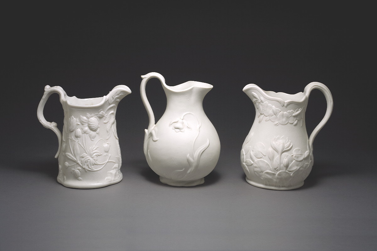 Appraisal: THREE AMERICAN PARIAN PORCELAIN PITCHERS FENTON'S WORKS AND THE UNITED