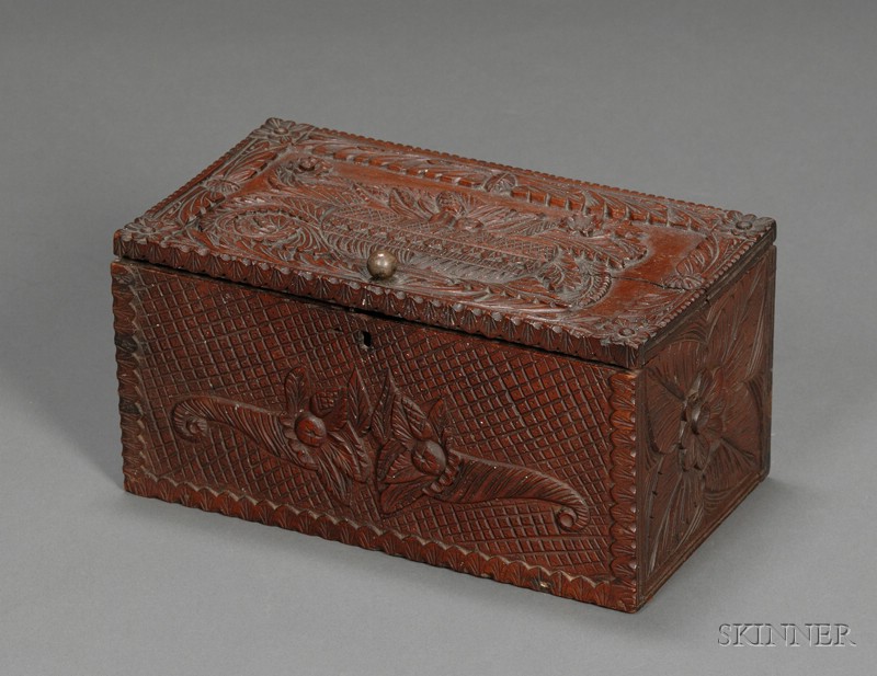 Appraisal: Mahogany Box with Relief-carved Decoration probably New England early th