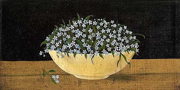 Appraisal: FOLKY STILL LIFE OF A BOWL OF FORGET-ME-NOTS American ca