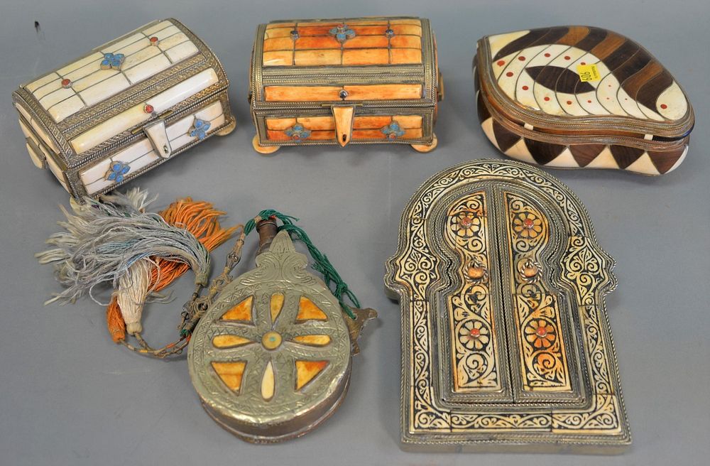 Appraisal: Five Moroccan bone and brass items including three boxes with