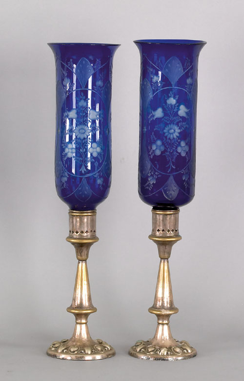 Appraisal: Pair of Sheffield plate hurricane lamps late th c with