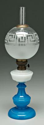 Appraisal: Blue and white glass oil lamp blue base below opal