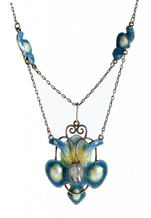 Appraisal: A SILVER TRANSLUCENT ENAMEL AND BLISTER PEARL OPENWORK NECKLET