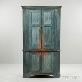 Appraisal: Blue-painted Pine Corner Cupboard th century imperfections ht wd dp