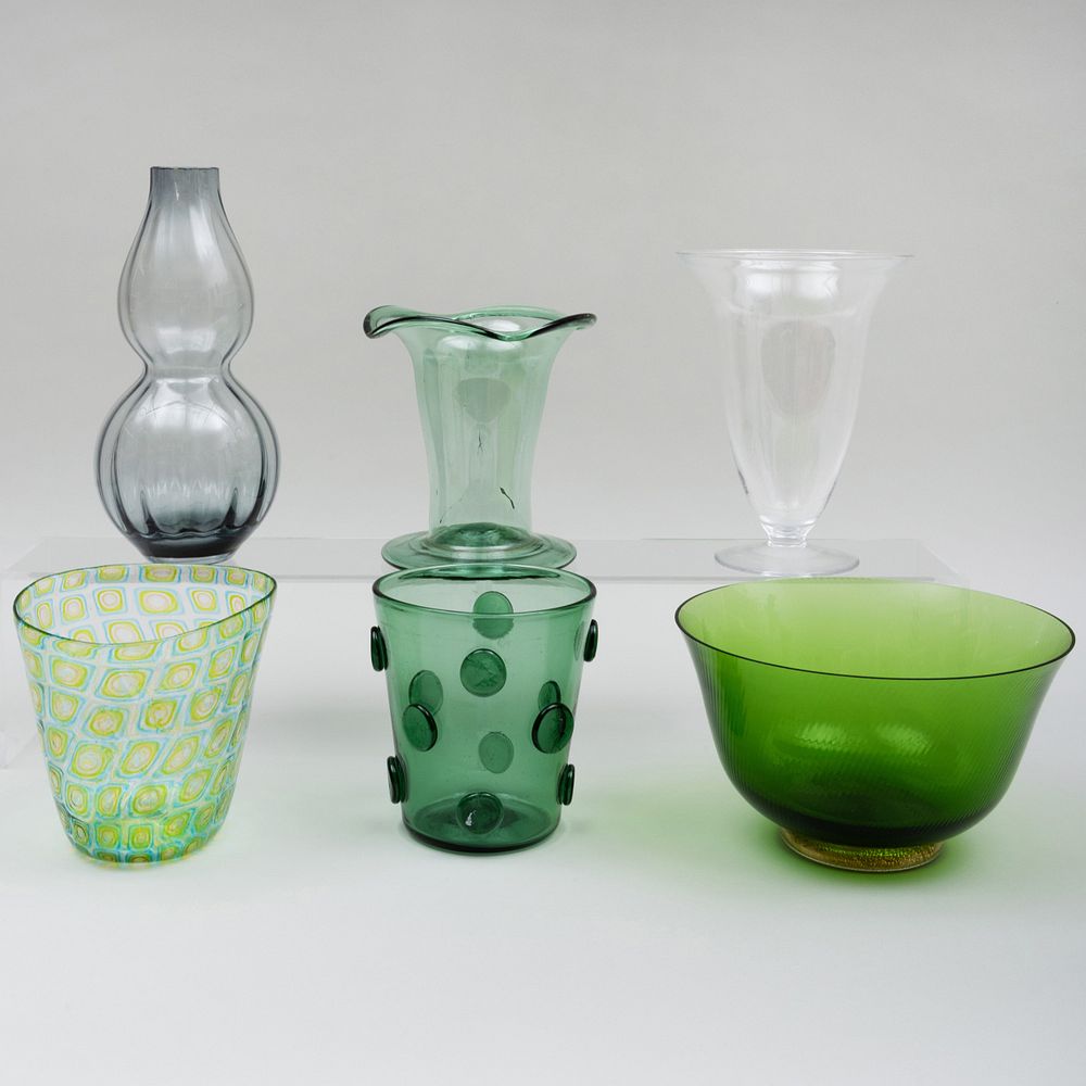 Appraisal: Group of Glass Vases Comprising A green ribbed bowl with