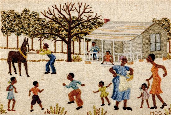 Appraisal: Southern folk art needlework scenic panel rural scene depicting African-American